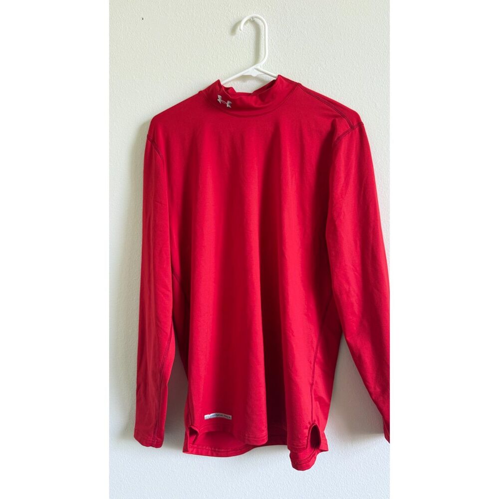 Under Armour ColdGear Mock Neck Shirt Mens XL Red Fitted Long Sleeve Base Layer